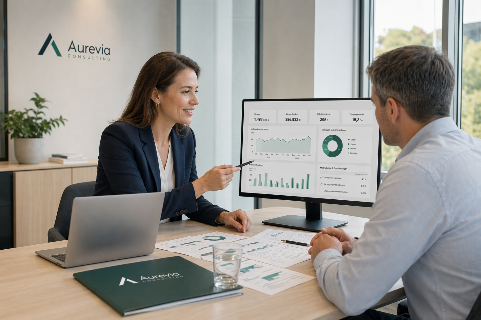 Beraterin von Aurevia Consulting im Gespräch mit Kunde vor digitalem Dashboard
