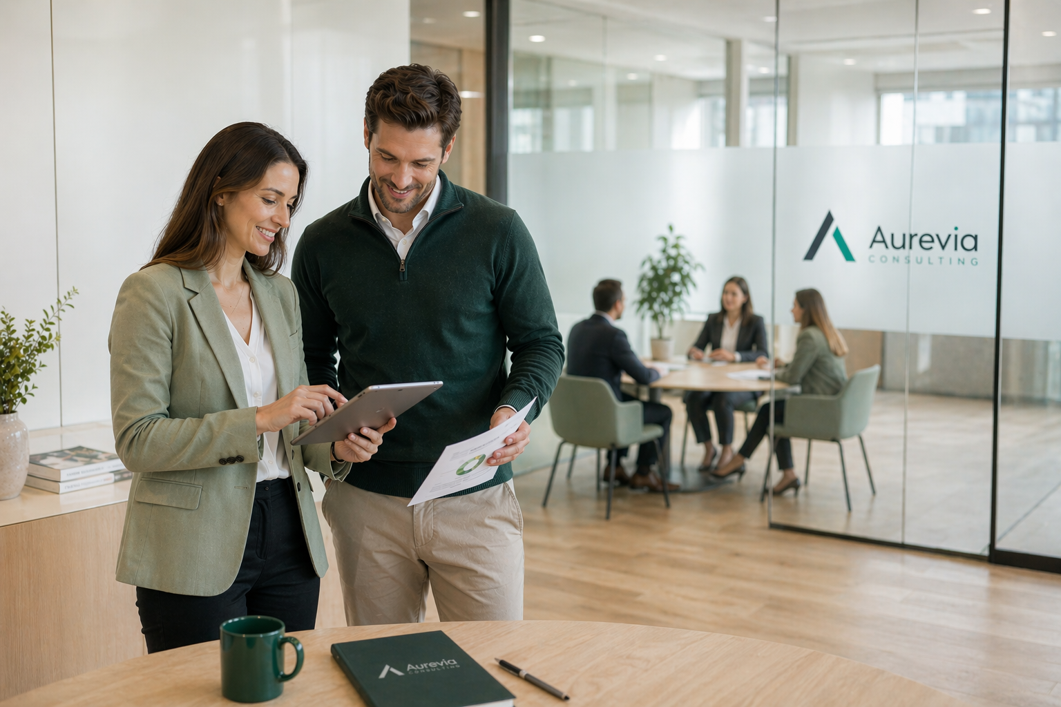 Zwei Aurevia-Berater bei der Auswertung am Tablet